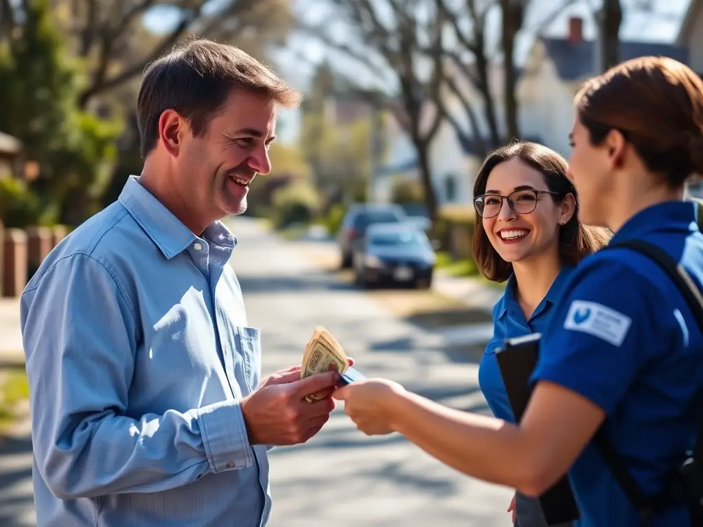 A photo depicting a friendly customer receiving cash for their car from a Lakewood Cash for Cars representative, set against the backdrop of a Lakewood neighborhood.