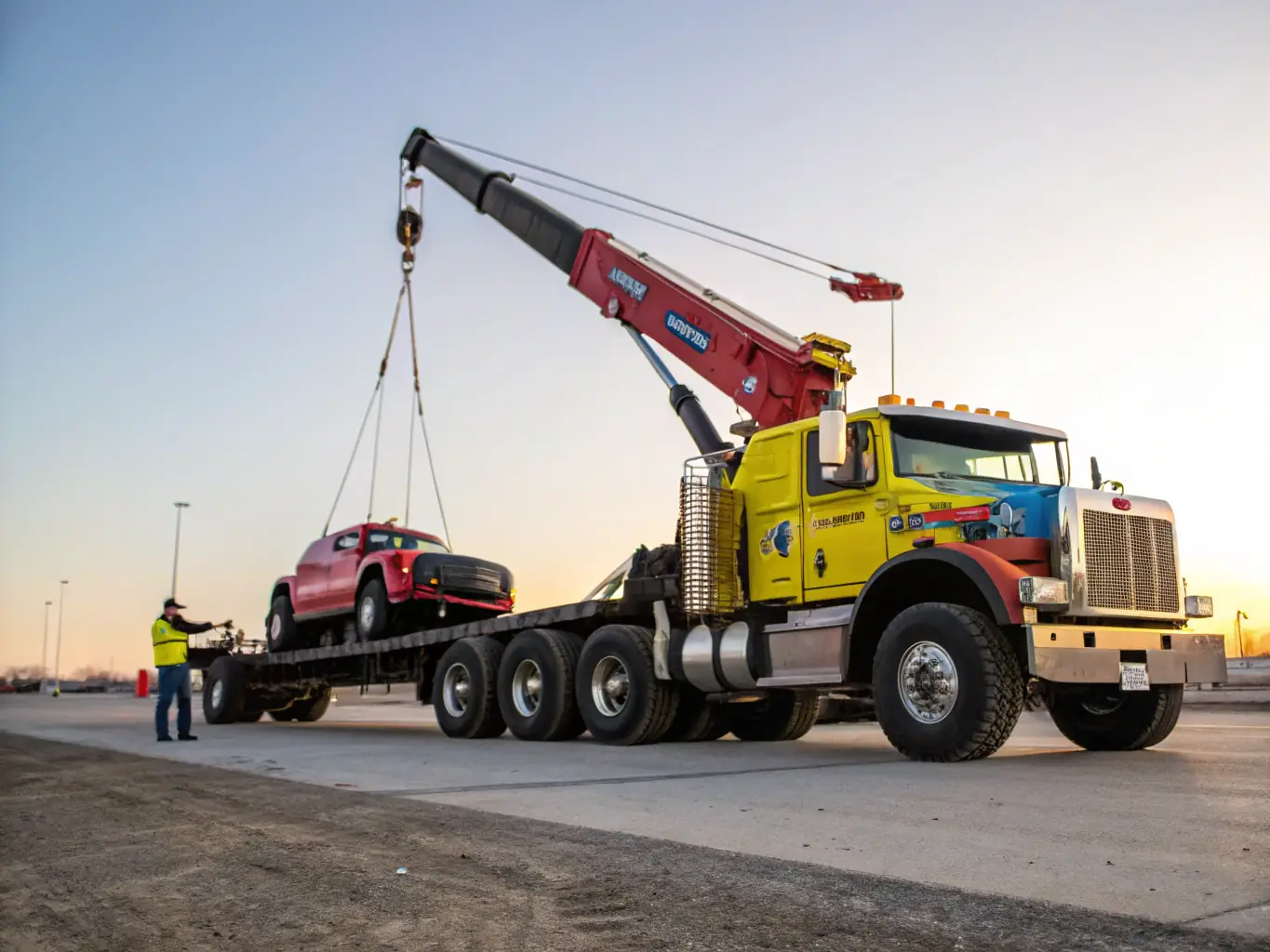 An image showing a Lakewood Cash for Cars tow truck removing a junk car from a residential property, emphasizing the free towing service.