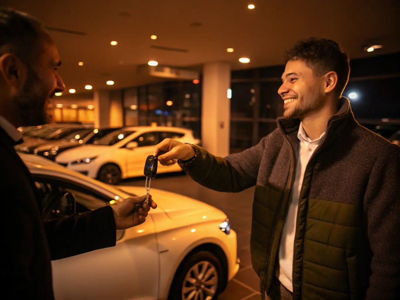 A smiling customer handing over keys to a friendly agent while receiving cash in hand, representing the Cash for Cars service.